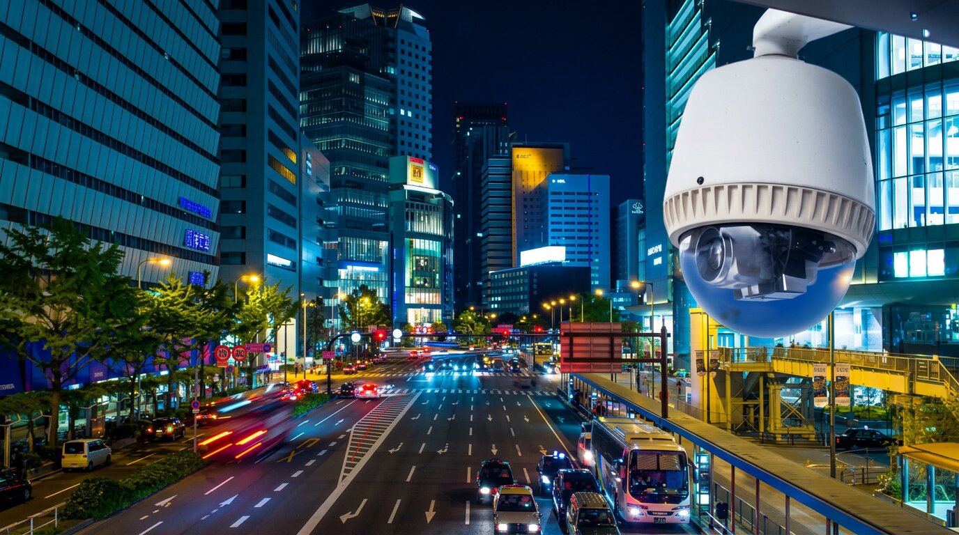 Câmera de monitoramento em primeiro plano com centro urbano iluminado à noite